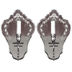 Etched Mirrored Back and Silvered Bronze Sconces