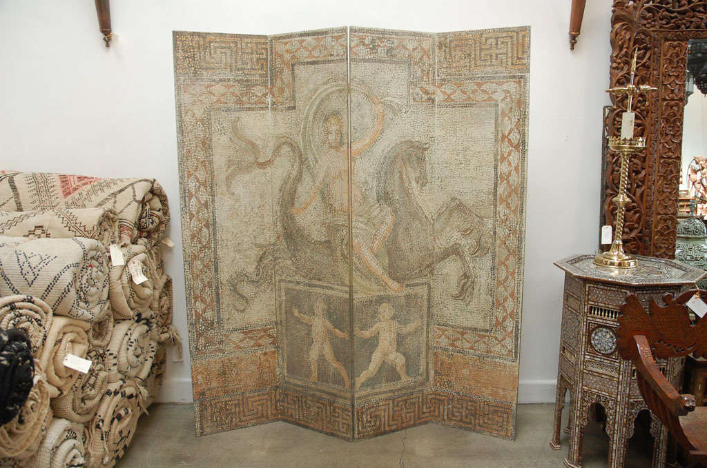 Architectural Trompe L'oeil Hand Painted Room Divider, Floor Screen.Exceptionally well executed Trompe L'oeil mosaic four panel screen or room divider.

Custom piece, one of a kind.

Mosaik Specializes in rare 18th, 19th century Antiques,Art