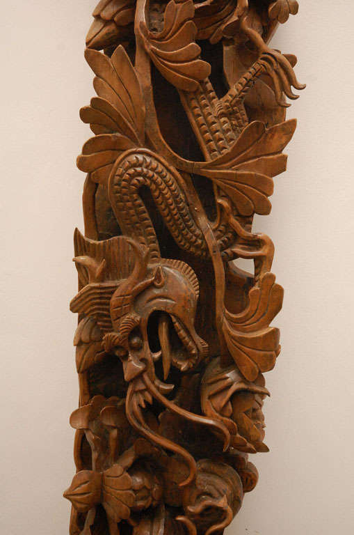 Double Dragons Hand Carved Wood Relief Panel In Excellent Condition In North Hollywood, CA