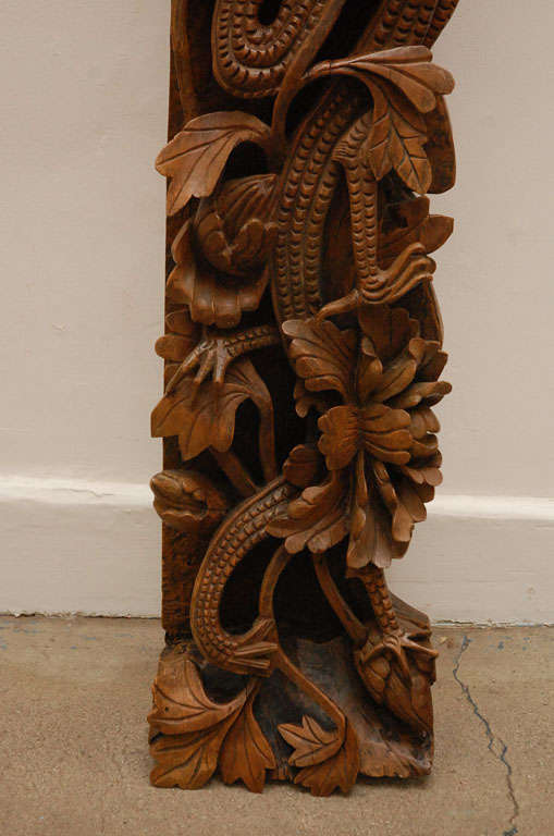 19th Century Double Dragons Hand Carved Wood Relief Panel