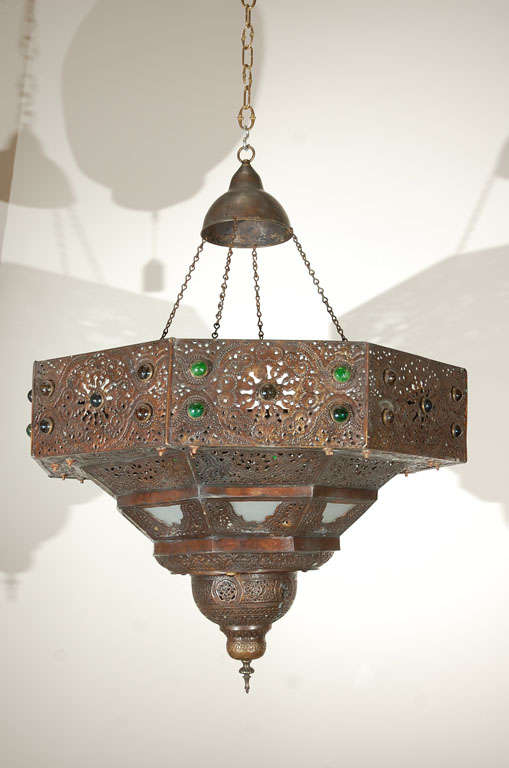 Large Bronze antique Turkish chandelier handcrafted, with milky glass and some green, blue and black large semi precious glass stones around.
Total Height with chains is 40