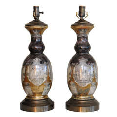 Retro Pair Of Reverse Painted Decoupage  Lamps