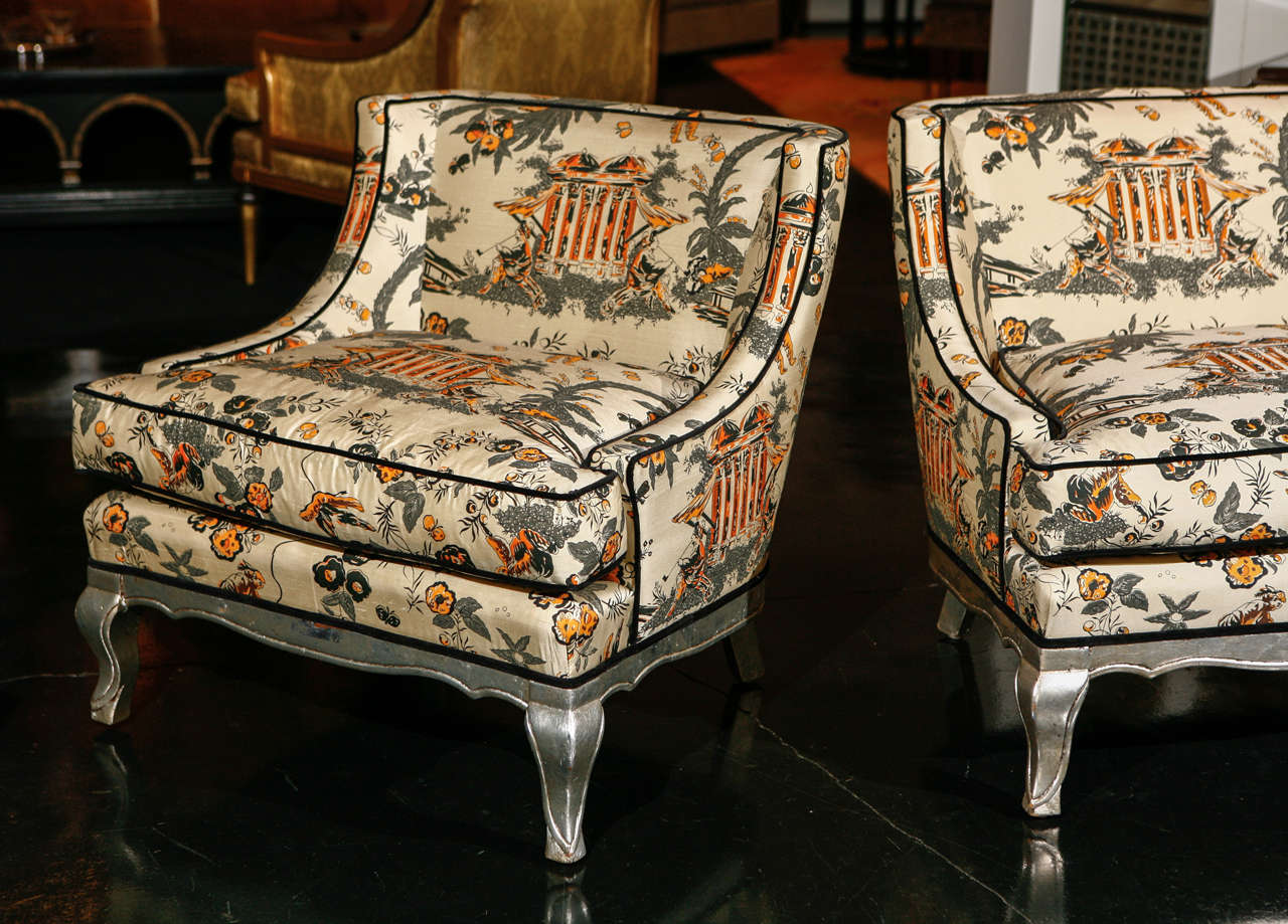 French Pair of Art Deco Silk Chinoiserie Chairs