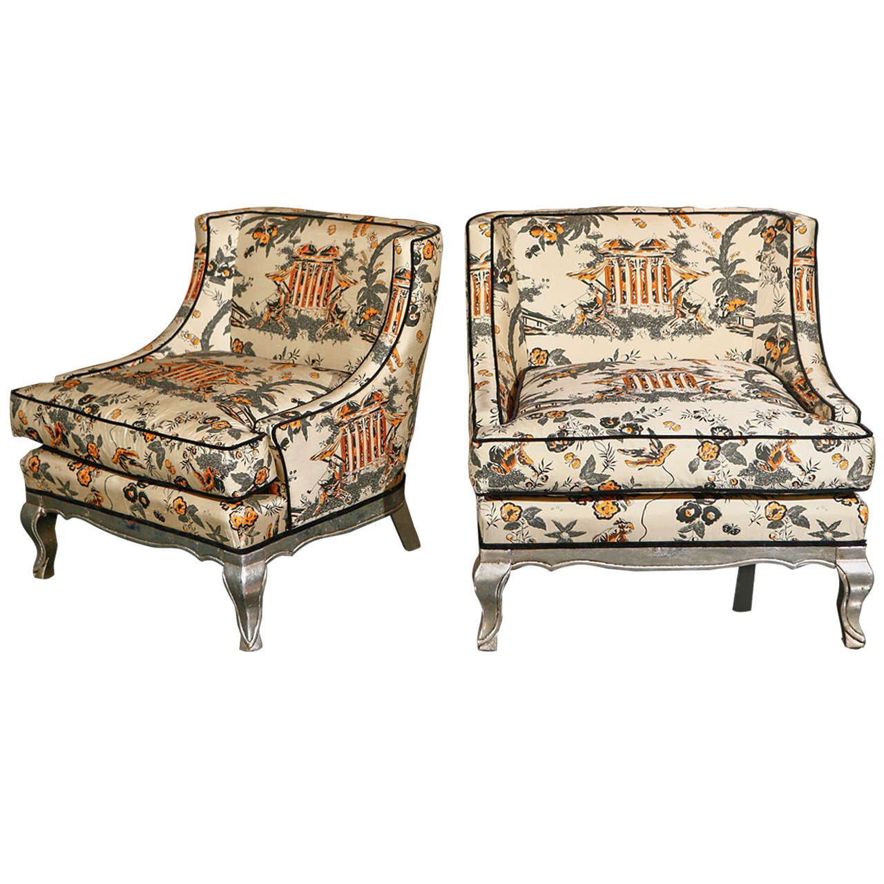 Pair of Art Deco Silk Chinoiserie Chairs For Sale at 1stdibs