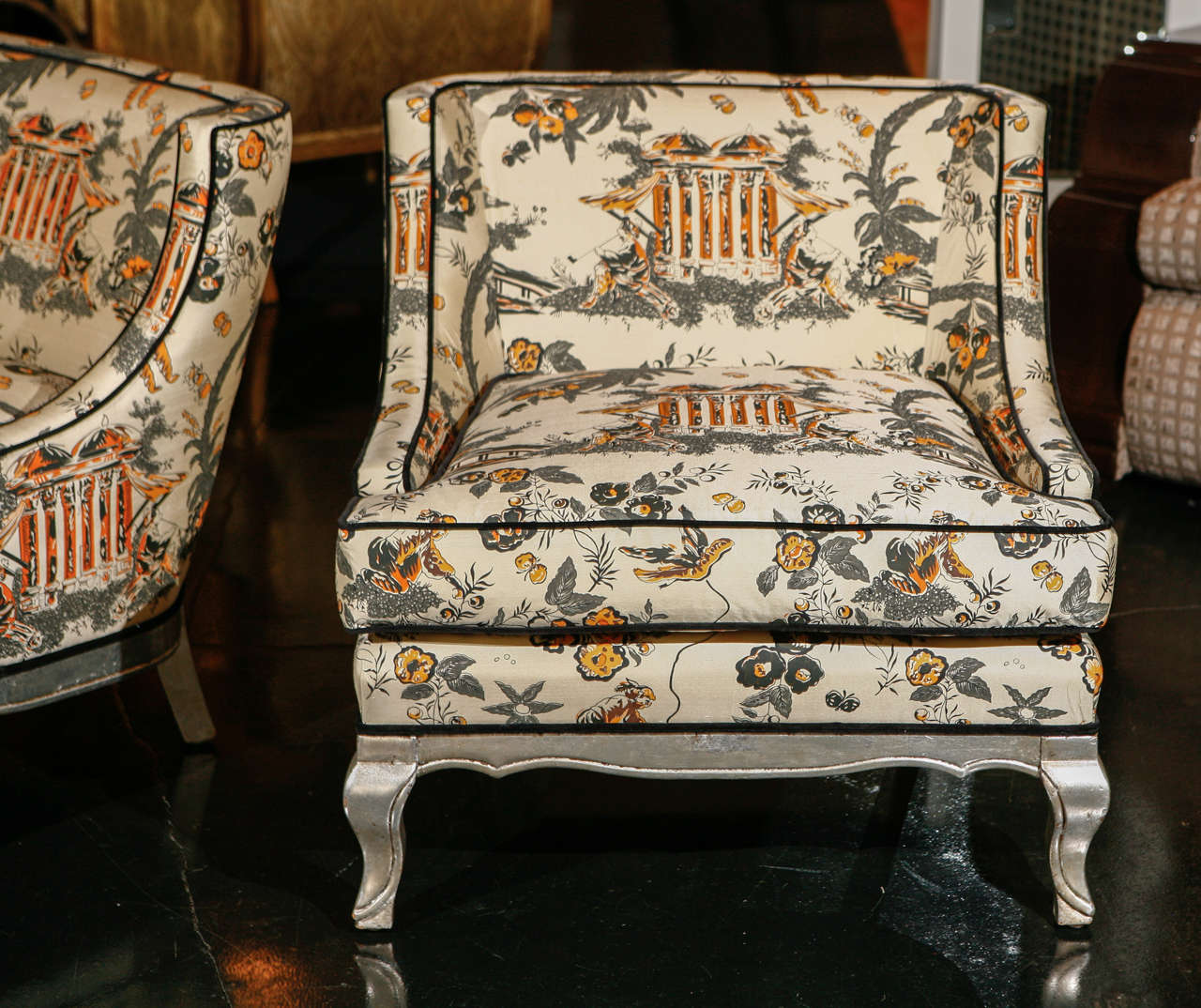 Pair of Art Deco Silk Chinoiserie Chairs For Sale at 1stdibs