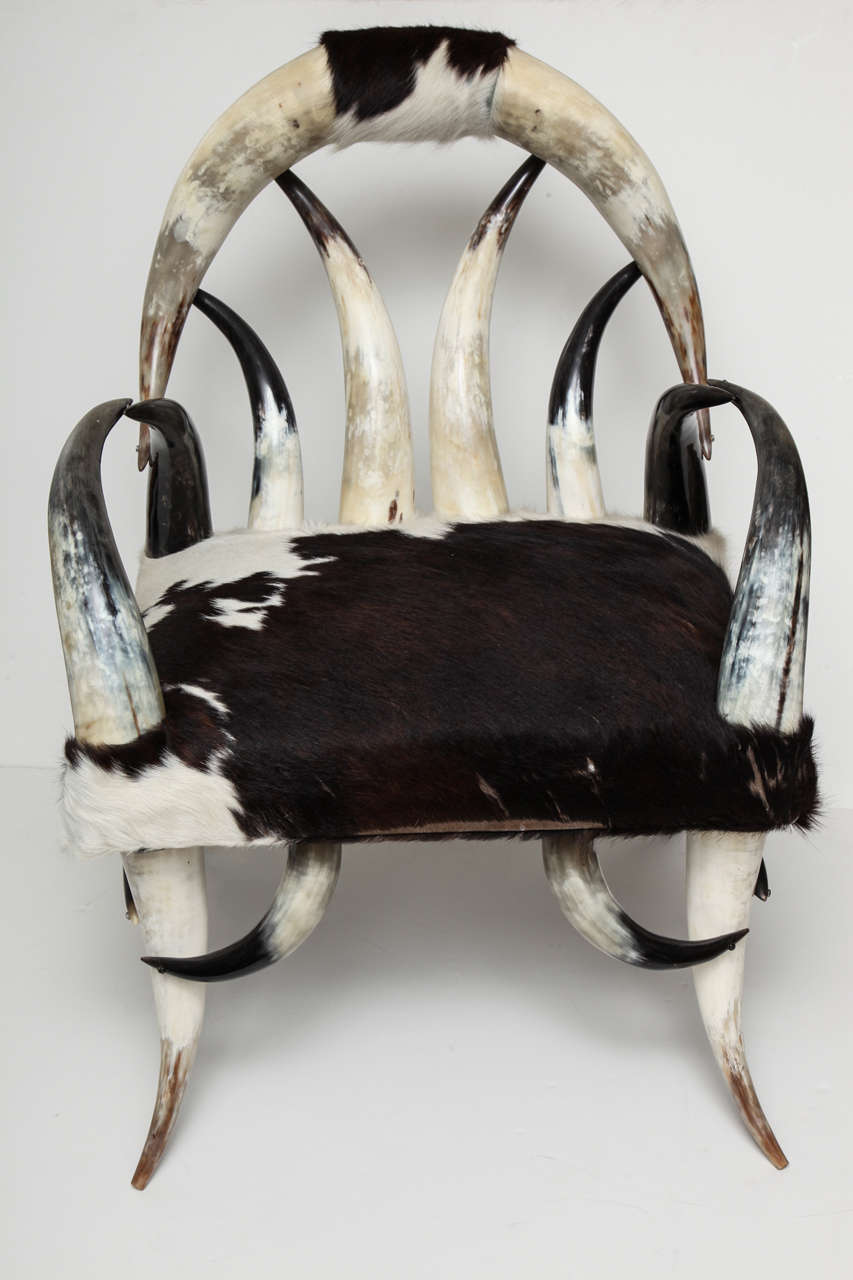 A decorative cow horn chair. Very well built and comfortable.
Black & white cow hide.