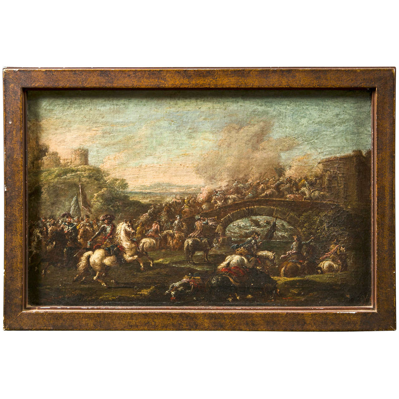 Francesco Graziani, Italian Oil on Canvas "Battle Scene on a Bridge" For Sale