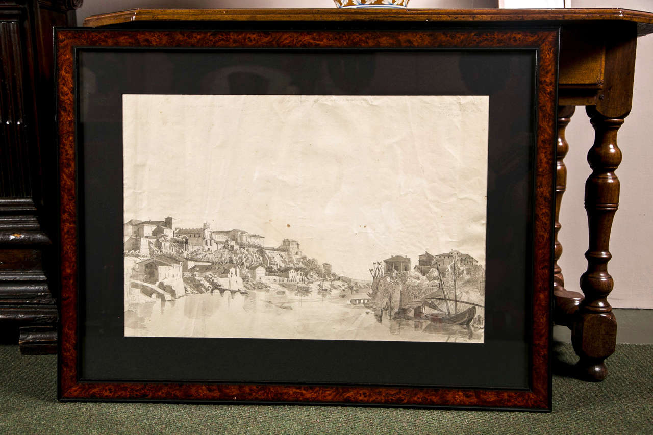A late 18th-early 19th century French neoclassical drawing on paper, view of the Tiber River with the Aventine hill in Rome.