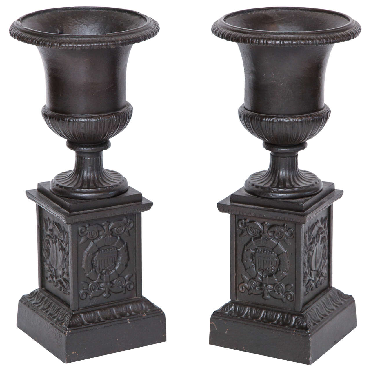 Pair of 19th Century Iron Neo-Classical Urns For Sale