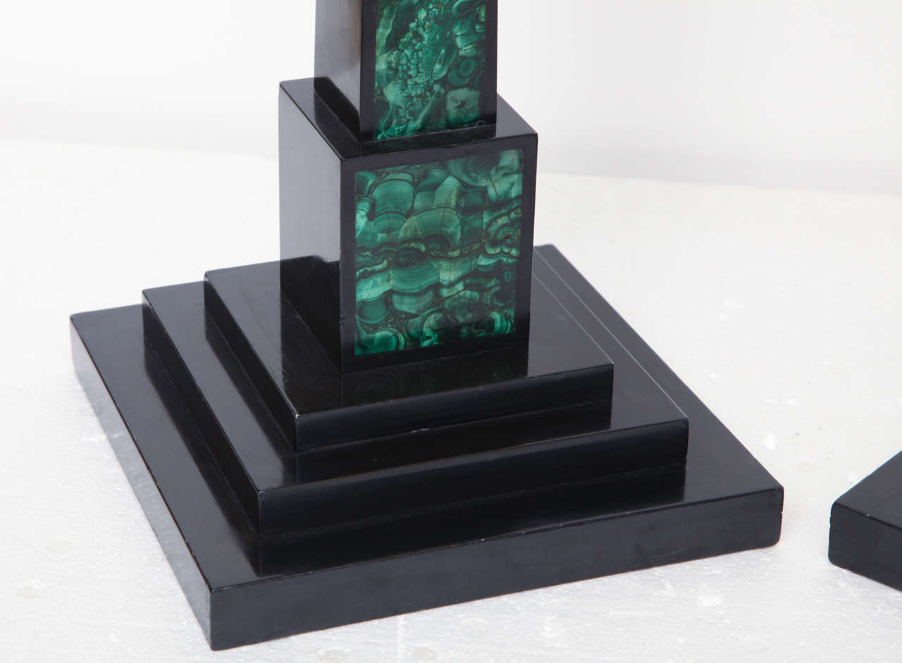 Belgian Black Marble Pair of Belgian Black and Malachite Obelisks For Sale