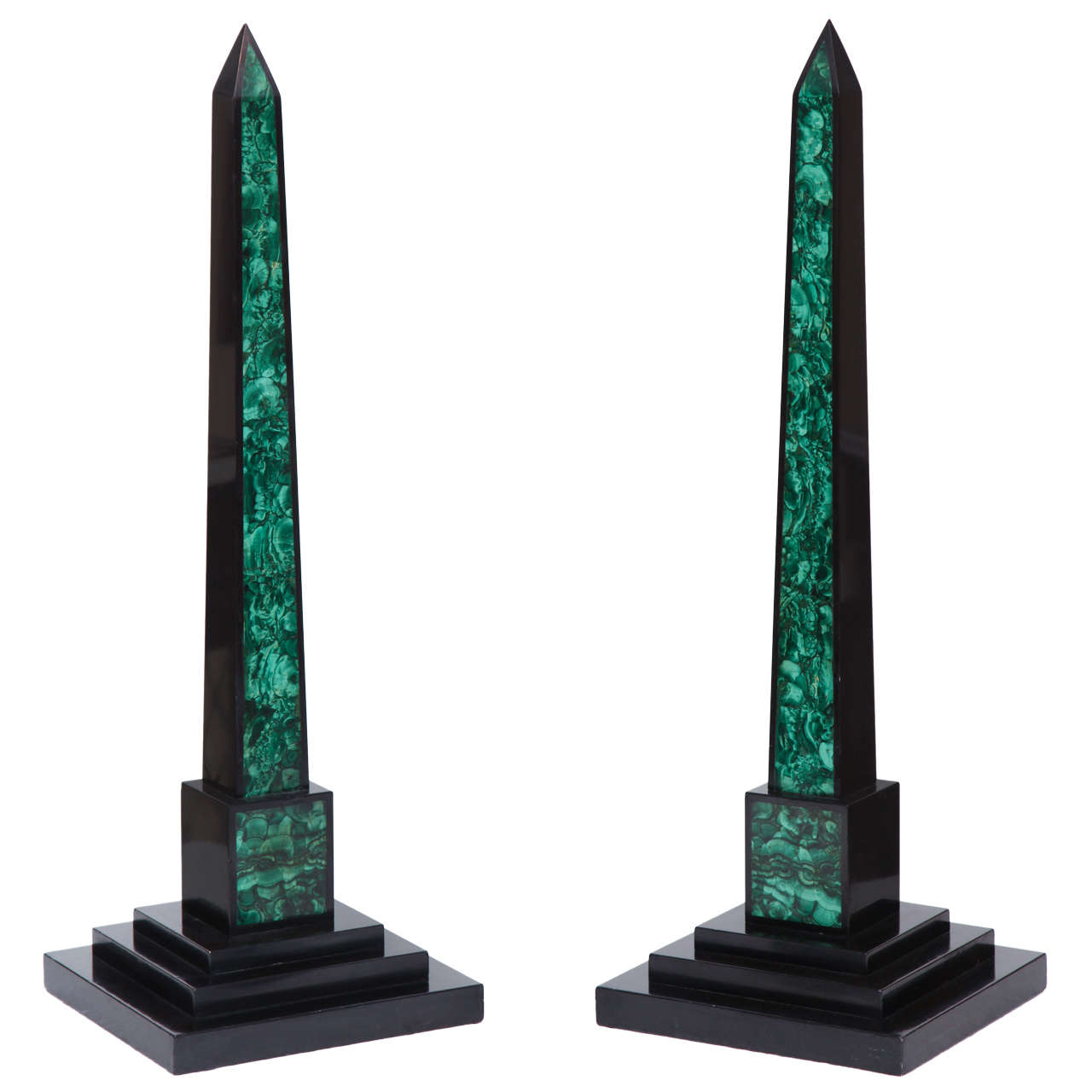 Pair of Belgian Black and Malachite Obelisks For Sale