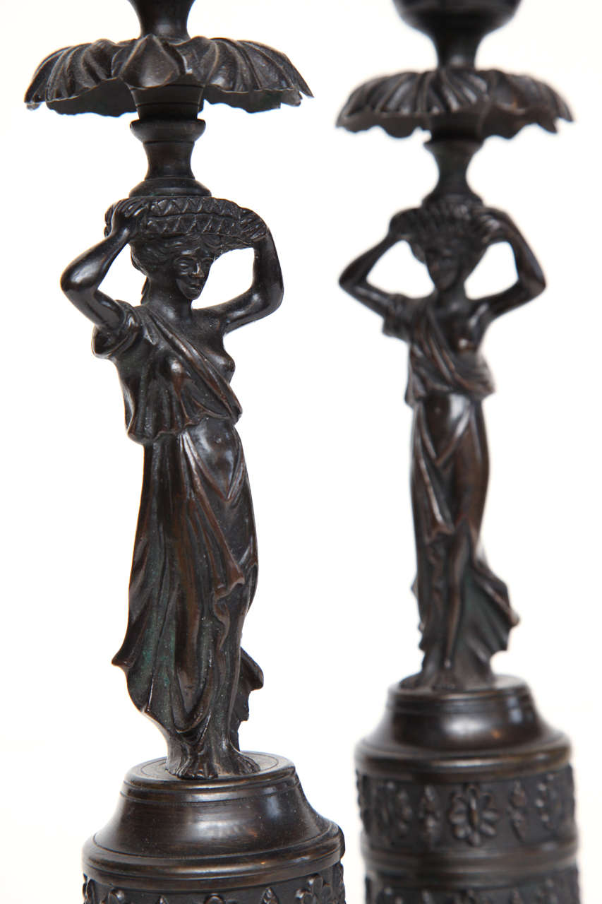 Pair of 19th Century French Bronze Candlesticks For Sale 2