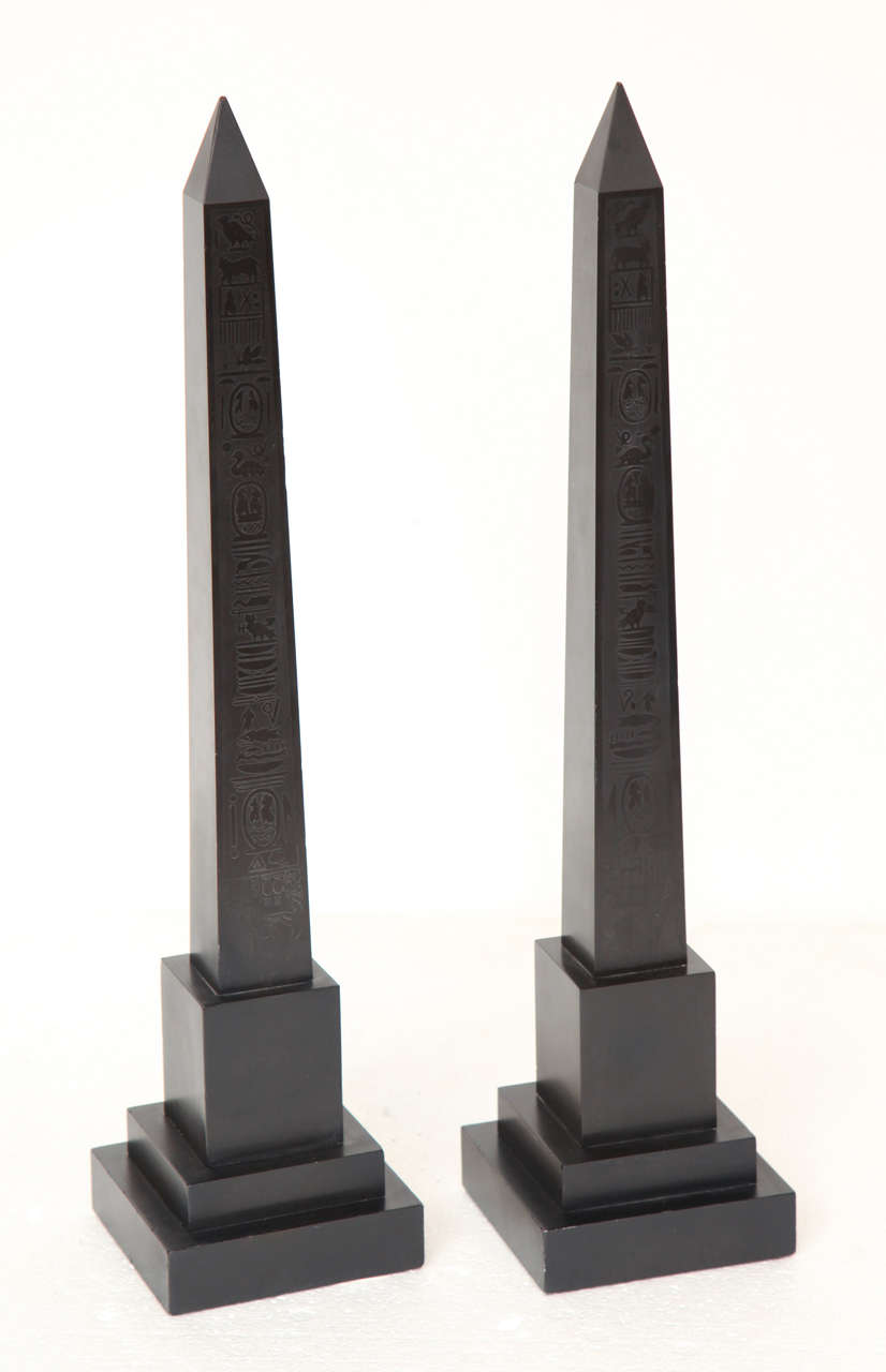 Pair of Belgian Black Marble Grand Tour Obelisks With Hieroglyphics at