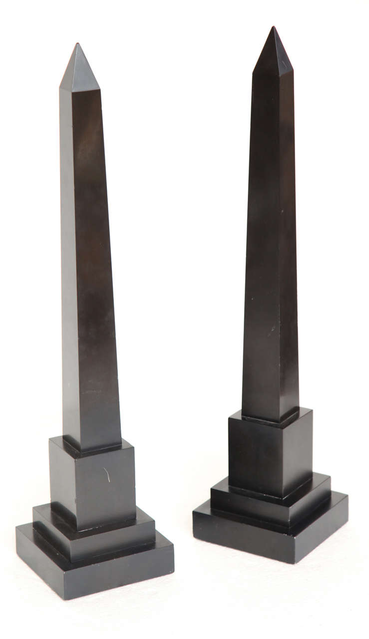 Pair of Belgian Black Marble Grand Tour Obelisks With Hieroglyphics at