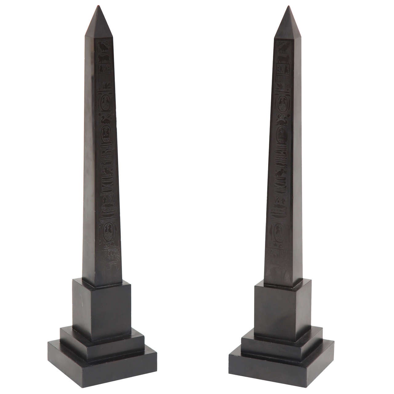 Pair of Belgian Black Marble Grand Tour Obelisks With Hieroglyphics at