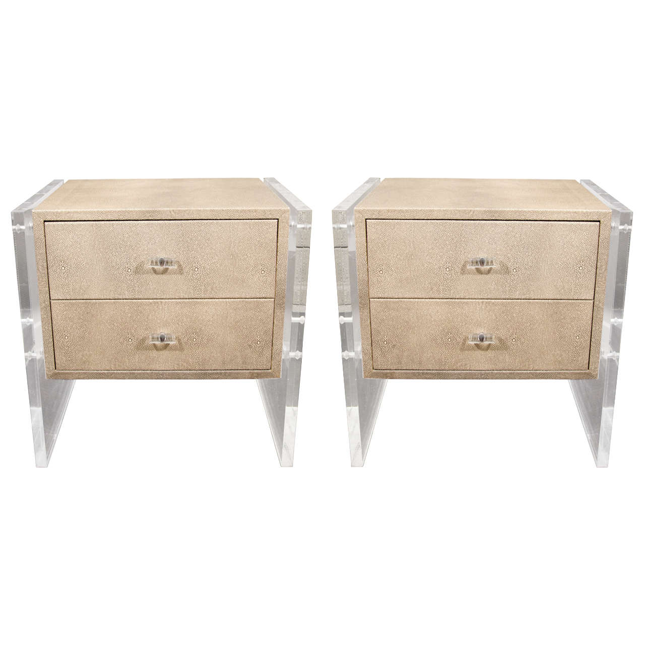 Pair of Custom Faux Shagreen Lucite Side Panel end Tables