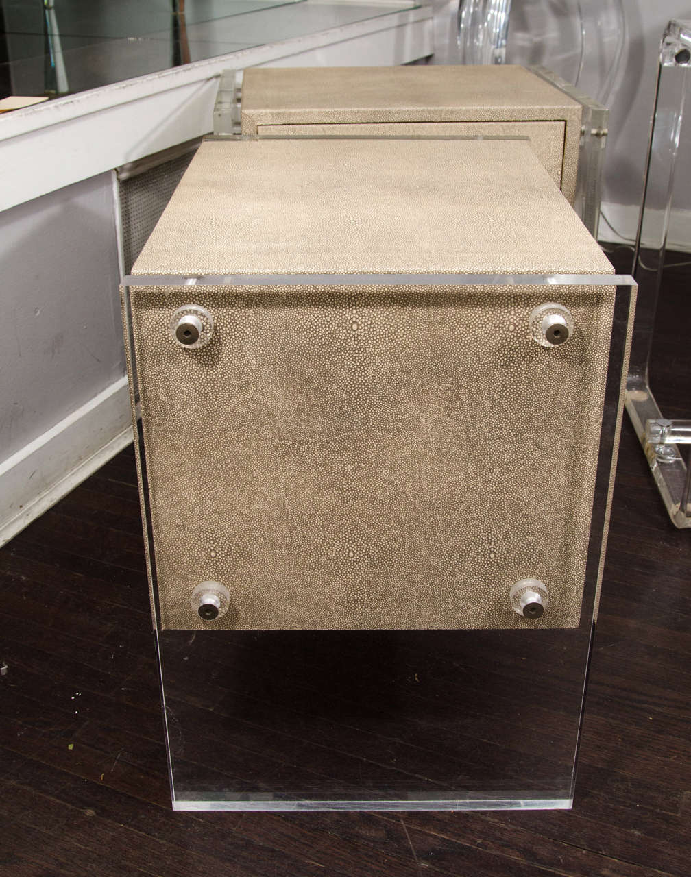 Contemporary Pair of Custom Faux Shagreen Lucite Side Panel end Tables