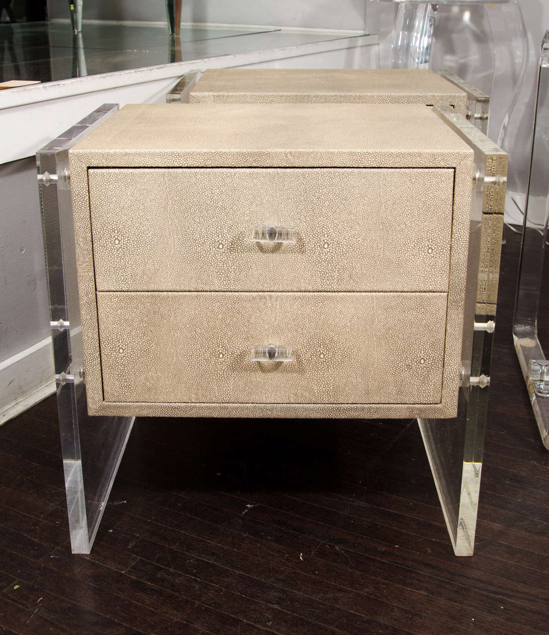 Pair of Custom Faux Shagreen Lucite Side Panel end Tables at 1stdibs