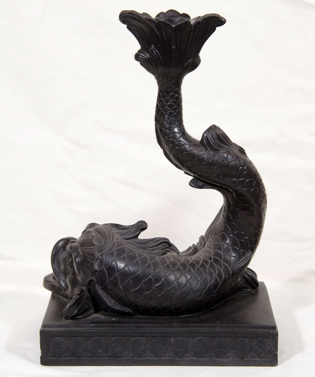 A Pair of Wedgwood Black Basalt Dolphin Candlesticks In Excellent Condition In Katonah, NY