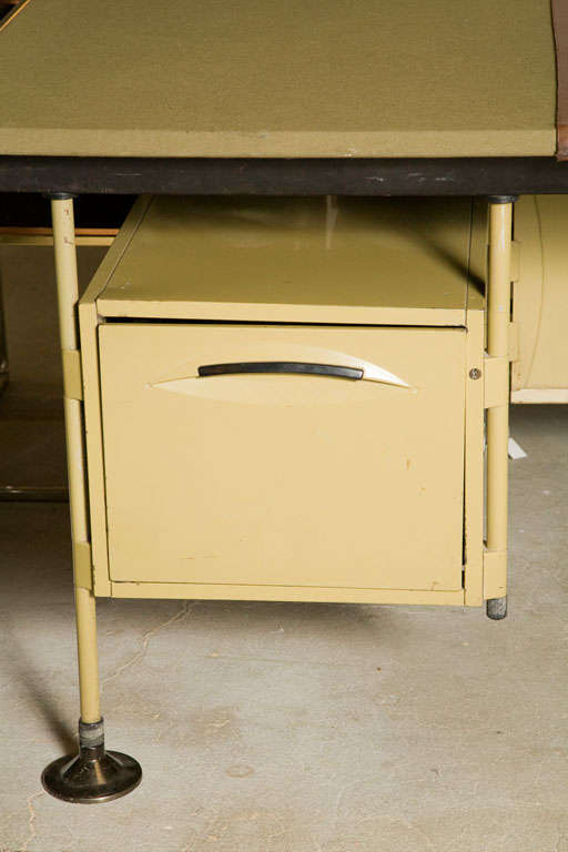 military green metal desk w/felt top and leather writing pad