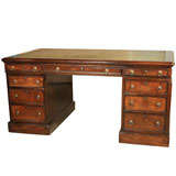 DOUBLE PEDESTAL MAHOGANY AND BURL WALNUT EXECUTIVE DESK