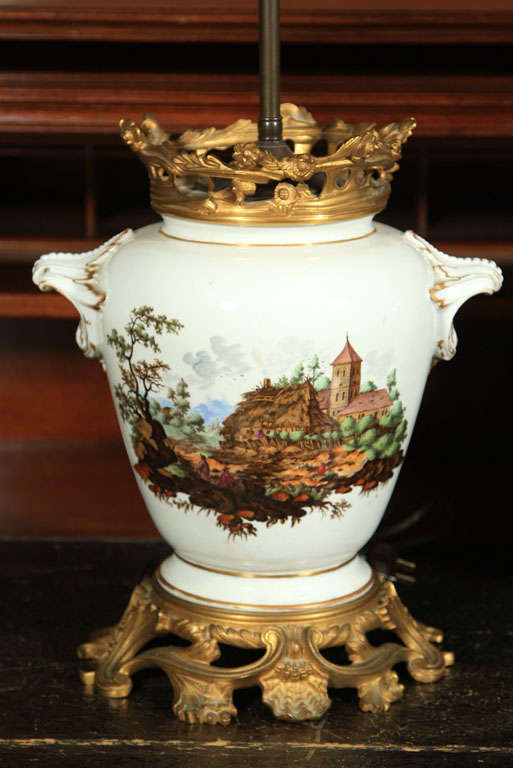 19th Century Pair Hand Painted Porcelain Lamps, Gilt Bronze Mounts For Sale