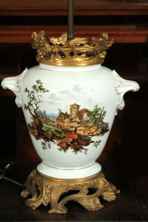 Pair Hand Painted Porcelain Lamps, Gilt Bronze Mounts For Sale 1