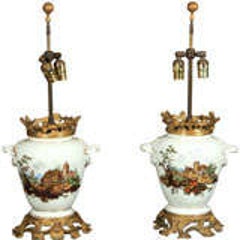 Pair Hand Painted Porcelain Lamps, Gilt Bronze Mounts 2