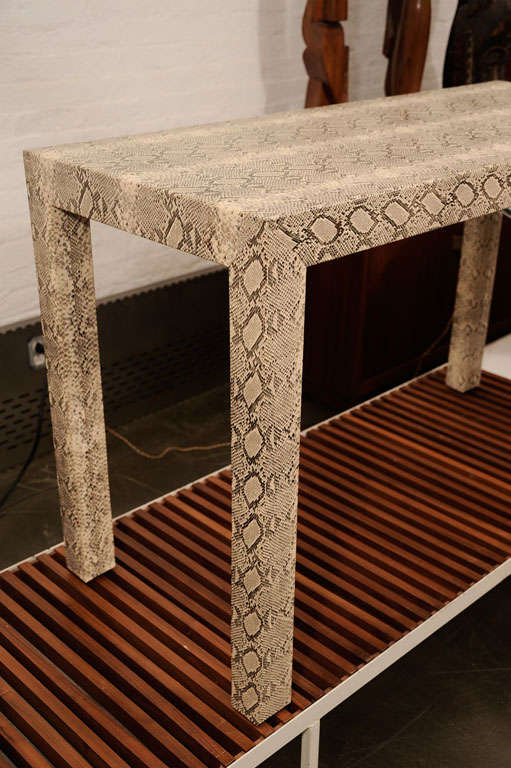 Faux snakeskin Parsons style console table. Custom made for a home in Bloomfield Hills, Michigan.