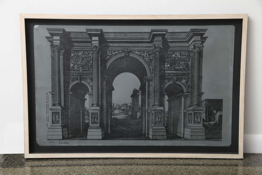 An original Fornasetti zinc lithograph plate of Arco Romano, labeled lower left 'Arco Romano'.
Framed in wood.
Piero Fornasetti (1913-1988), Milan.
This architectural structure incorporated in the work of Piero Fornasetti is now a popular motif