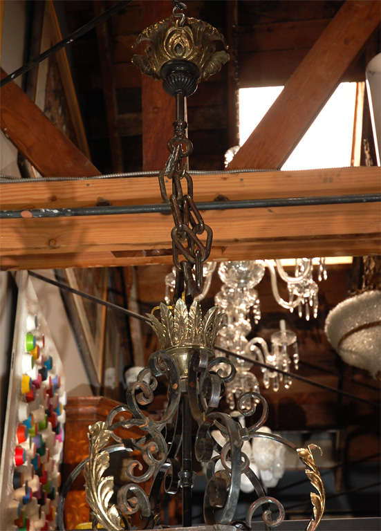 An imposingly large chandelier in wrought iron with brass feather accents. Holds 6 surrounding lights and a center light inside the glass. Top of the chandelier comes with a brass crown also in feather design. Chandelier also comes with a heavy duty