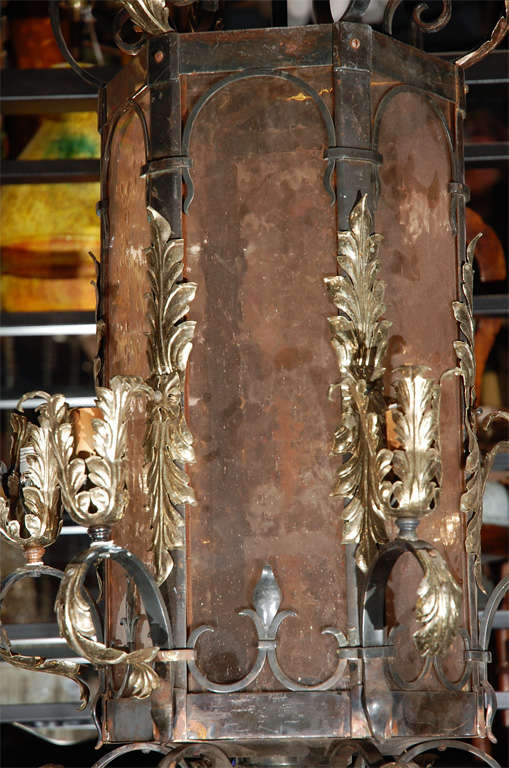 20th Century Large Traditional Wrought Iron & Brass Lantern