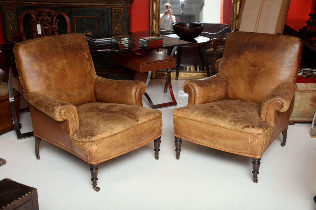 Pair of French Leather Chairs In Good Condition In High Point, NC