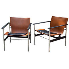 Vintage Pair Of Leather And Chrome Knoll Chairs By Charles Pollack