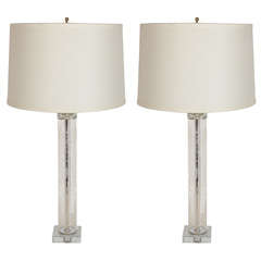 Pair of 1940's Hollywood Reversed Etched & Beveled Glass Lamps