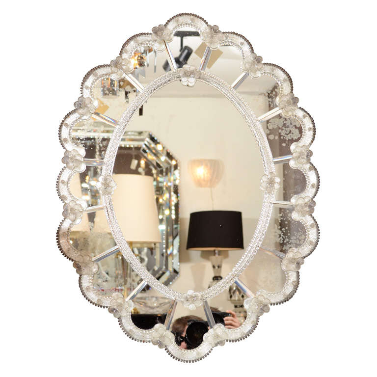 Elegant Scalloped Venetian Mirror With Murano Glass Appliqués 