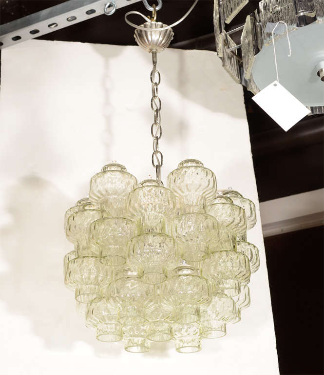 Gorgeous Modernist hand blown chandelier with polyhedral form by Carlo Scarpa for Venini.  Fitted with three lights and newly electrified featuring nickeled fittings, this chandelier is the perfect scale for an entry way, vestibule or powder room. 