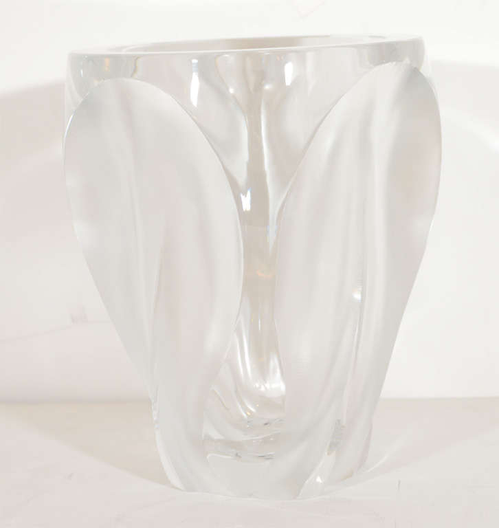 This gorgeous vase features tapered molded and frosted glass and is signed Lalique France as well
