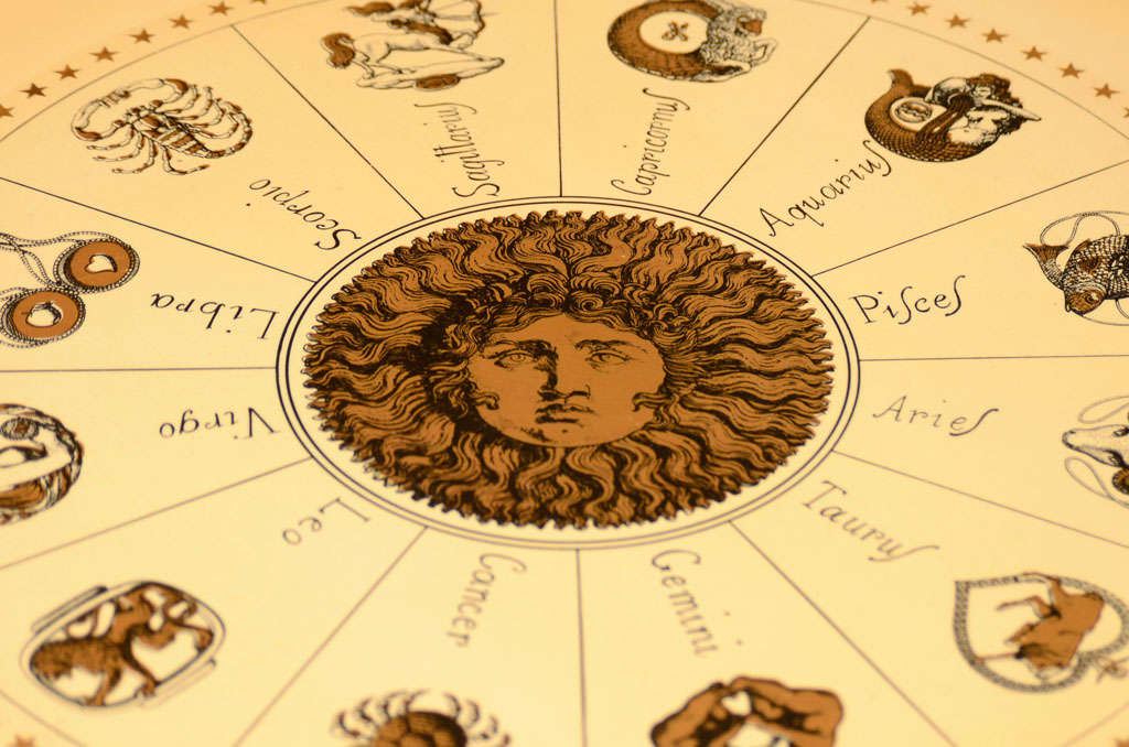 Wood Zodiac design side table by Piero Fornasetti