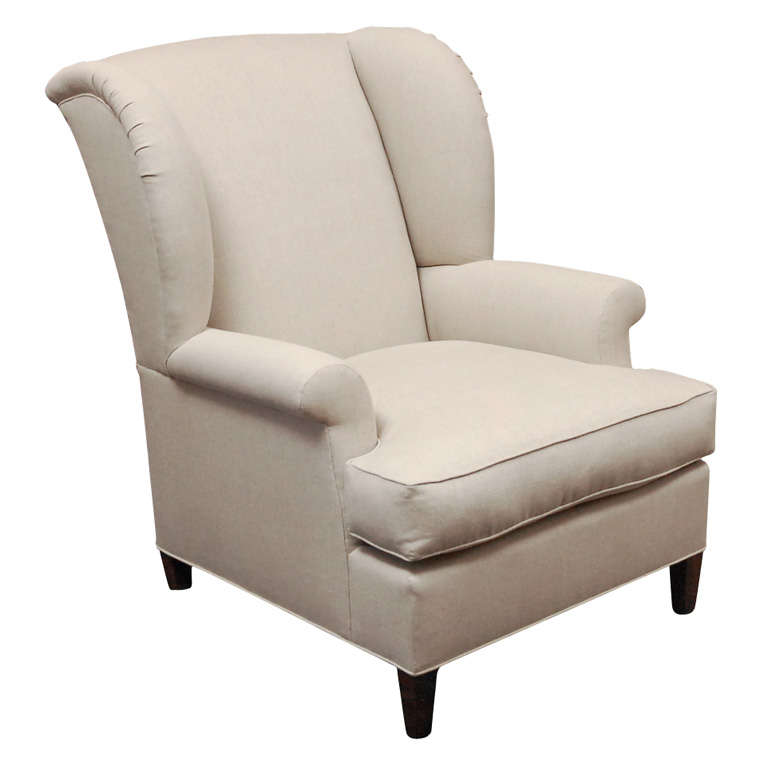 "Worrell" by Lee Stanton English Wing Chair in Belgian Linen or Custom Fabric For Sale