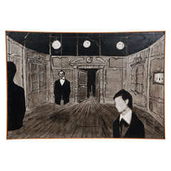 Modern Black and White Theatre Scene Painting, Circa 1960