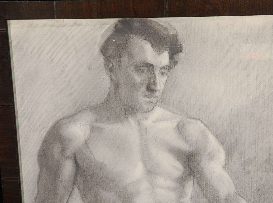 Dibujo a carboncillo de un desnudo masculino modelo artístico en marco moderno personalizado. Durante el periodo Art Nouveau, se hizo hincapié en las formas y estructuras naturales.