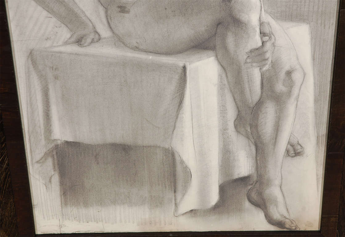 Dibujo francés a carboncillo de desnudo sentado, circa 1910 Art Nouveau en venta