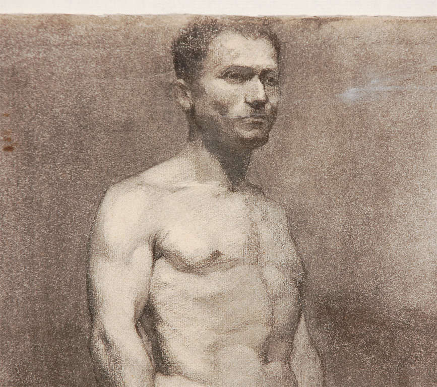 Custom modern-framed charcoal standing male nude drawing by artist Landini, Italy 1908. 

