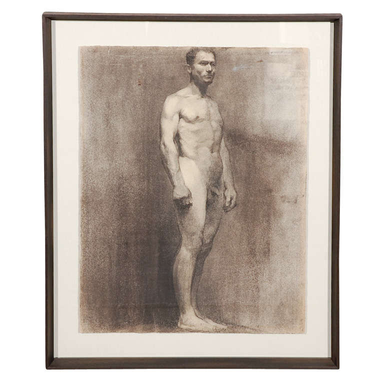 Custom Modern Framed Charcoal Male Nude Drawing by Artist Landini, Italy 1908