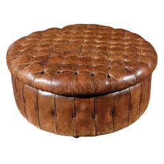 English Round Leather Ottoman, Circa 1880