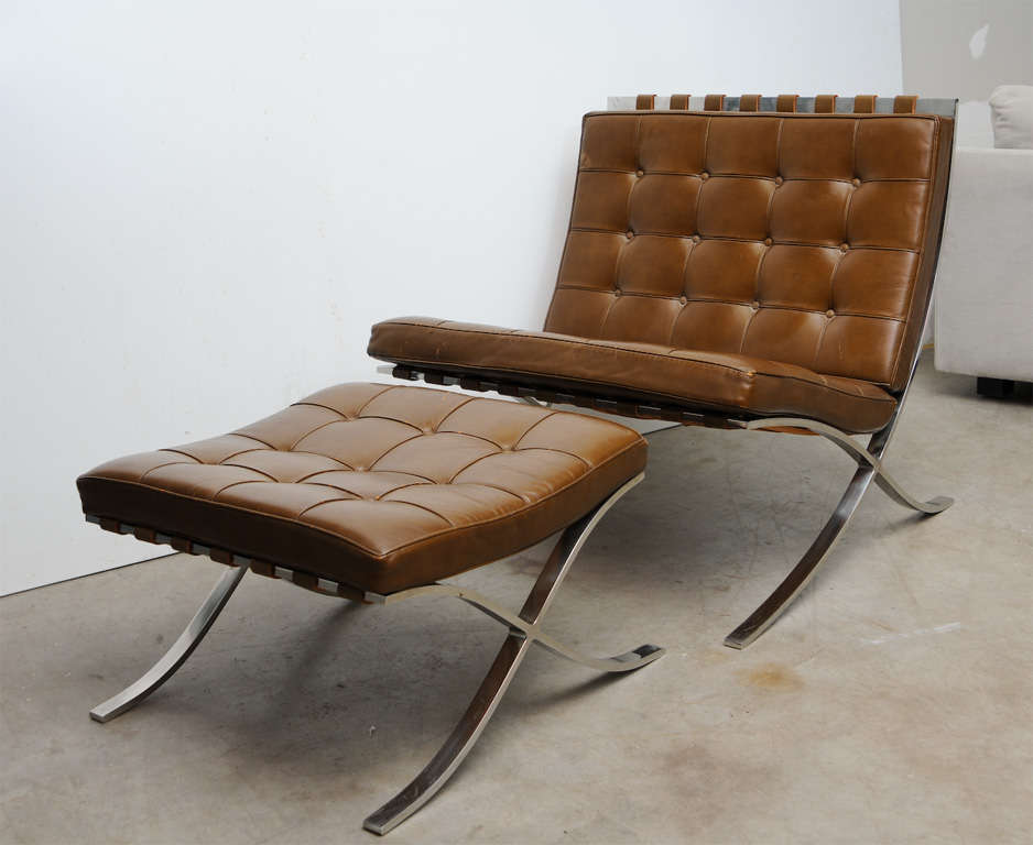 Vintage Mies van Der Rohe Barcelona Chair and Ottoman featuring original tan leather showing some wear.
Knoll label attached to underside.
On display at our Port Chester, NY Studio.
By appointment only.