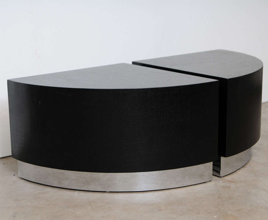 Pair of Grass wrapped Corner Tables by Karl Springer.
lacquered finish,with 3" brushed steel base.
    
