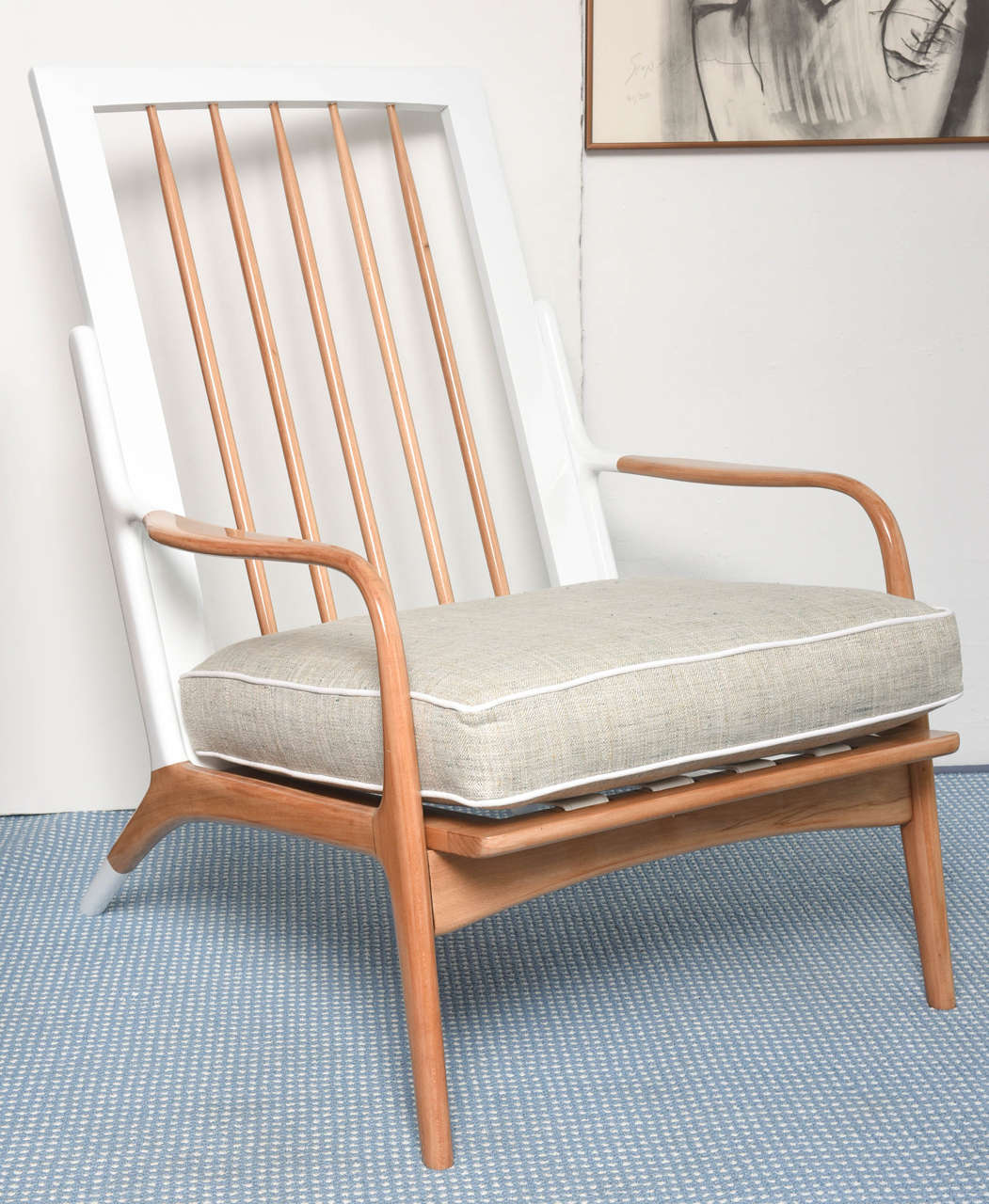 MidCentury White and Wood Lounge Chair For Sale at 1stdibs