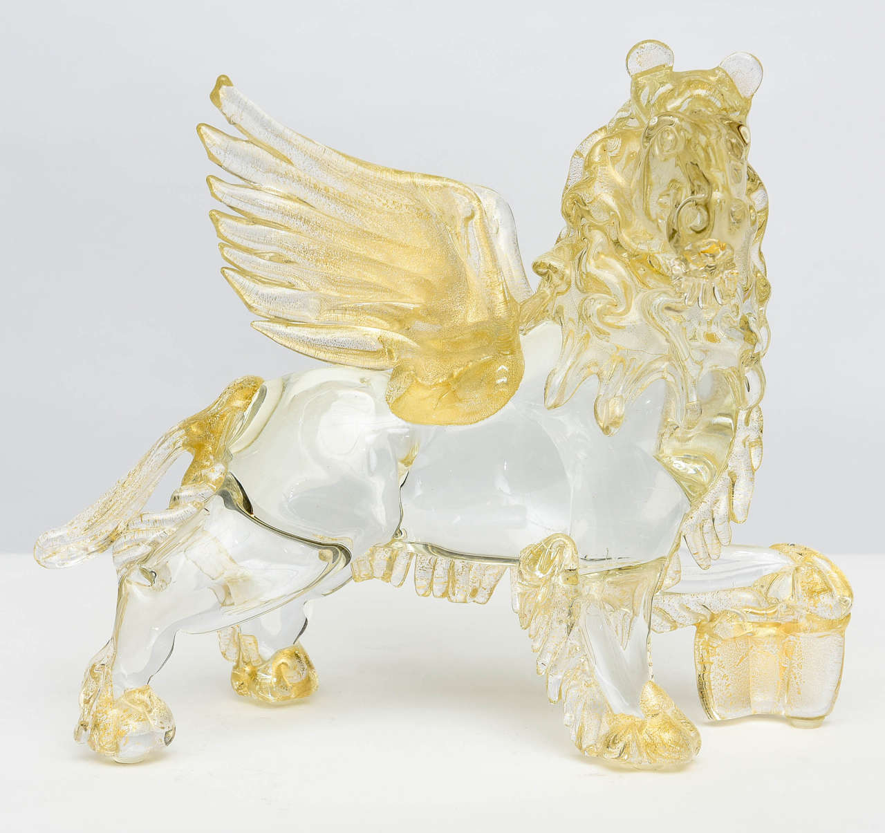 Mid-Century Modern Italian Modern Clear and Amber Glass Winged Recumbent Lion, Murano